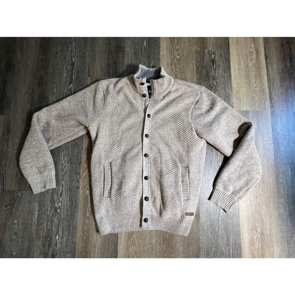 Buffalo David Bitton Cardigan Mens Large Tan Sherpa Lined Waffle Knit Sweater